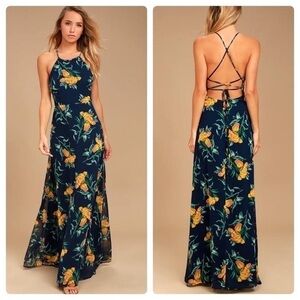 ⚫️ LULUS Adventure Seeker Navy Blue and Yellow Floral Print Maxi Dress sold out 